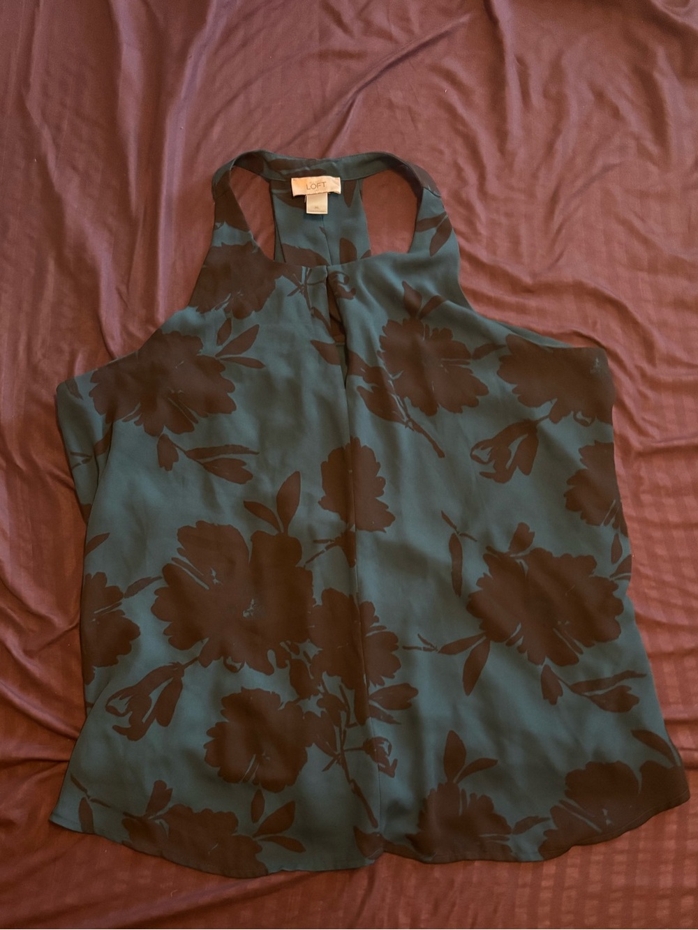 Ann Taylor LOFT gorgeous teal with black flowers swing top silky XL extra large